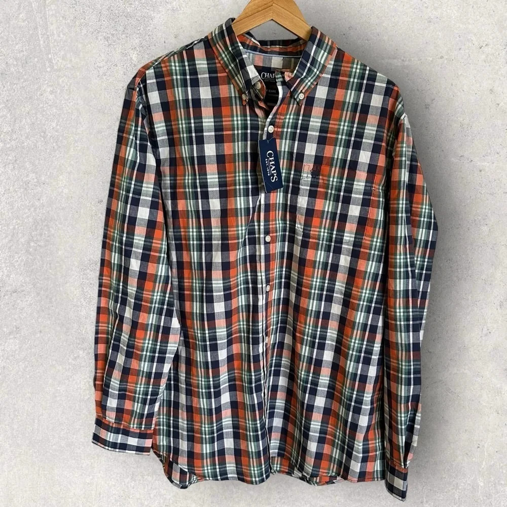 NWT Chaps Mens XL Easy Care Button Down Shirt Burnt Blaze Plaid Casual Church